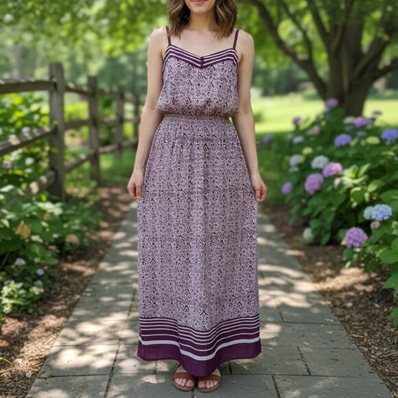 Vintage Style Boho Purple Geometric Print Long Maxi Dress Festival Summer Medium - Picture 1 of 12